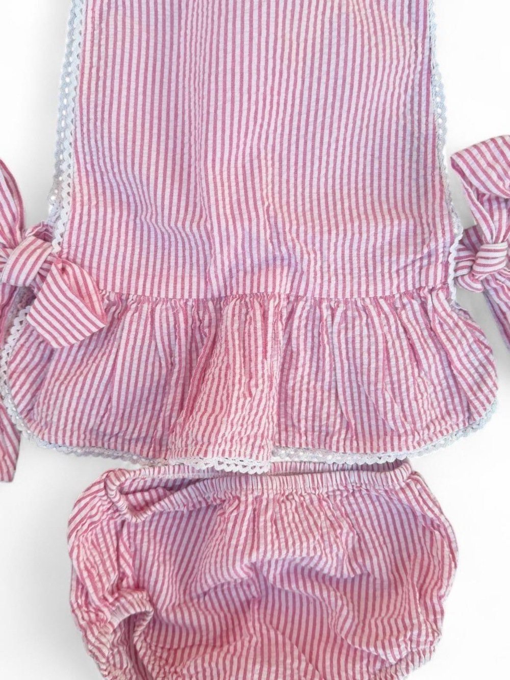 Dondolo 0-3 Months Pink Striped Seersucker Baby Girl Top and Bottoms with Bow